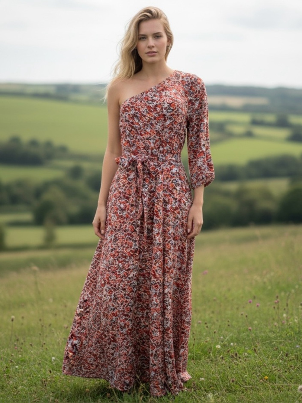 American Eagle One Shoulder Floral Maxi Dress Small Boho Tie Waist